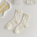 Detail of white knit socks with pink heart dots and delicate ruffle cuffs for women - Cream Pink Heart Polka Dot