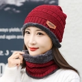 Winter fleece-lined knit hat and scarf set for men and women in deep red finish - Wine Red Hat & Neck Warmer Set