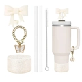 Beige tumbler accessory set with glitter boot, bow, butterfly chain and straw cover - Milky White