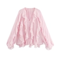 Elegante camicetta rosa con scollo a V, balze a strati e raffinati dettagli a pieghe - Rosa
