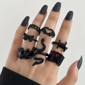 10-piece set of black minimalist stackable rings with butterfly and snake motifs - Butterfly Snake Skull Black Set (5571801)
