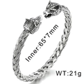 Nordic Viking wolf head open bracelet in antique silver finish with braided texture - Steel Color (KB78278-BD)