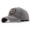 Distressed grey tiger embroidery baseball cap with washed denim and vintage ripped brim - Gray