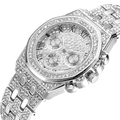 Detailed macro view of silver iced-out watch featuring octagonal bezel and roman numerals - Silver (Watch)