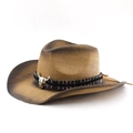 Detail of woven straw texture and metal bull skull ornament on Western cowboy sun hat - M (56-58cm) / Khaki Coffee Gradient