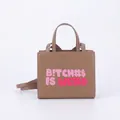Brown PU leather square tote bag with pink slogan print and adjustable shoulder strap - Khaki