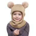 Toddler winter knit balaclava hat with dual faux fur pom-poms and integrated neck warmer - One Size / Khaki