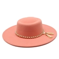 Elegant peach wool flat top boater hat with gold pearl chain and tassel details - M(56-58cm) / Dusky Pink