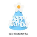 Sky blue felt cone party hat with white daisy floral accent and Happy Birthday text - Daisy Birthday Hat - Blue