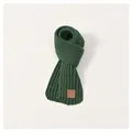 Detail of dark green knit kids scarf with thick vertical stripes and brown leather label - Kids / Green