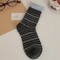 Dark grey striped crew socks with white stripes and light blue rolled cuffs - One Size / Dark Gray