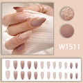 Nude amandelvormige plaknagels met witte bladkunst en glitteraccenten - Amandel Handgeschilderd Blad Verloopstijl (W1511 Lijmtype)