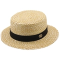 French style flat top straw boater hat with black ribbon and gold metal M logo detail - M (56-58cm) / Light Beige Black Ribbon with M Logo (02)
