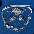 Silver bridal hair set with pearls and crystals on dark blue fabric background - Silver Crystal Hair Accessory 4Pcs Set (HS-J6689SET)