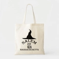 Close-up of beige canvas tote bag with Salem 1626 Massachusetts and witch hat graphics - 35*40 / Salem Witch Hat