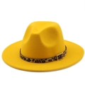 Detail of yellow wool fedora hat with leopard print band and gold metal buckle - M (56-58cm) / Yellow