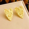 Golden heart-shaped stud earrings featuring hammered texture finish in stainless steel - Hammered Heart Stud Earrings(E6190)