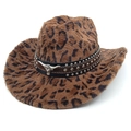 Faux fur leopard print western cowboy hat with studded leather band and silver bull head - M (56-58cm) / Dark Brown Straight Crown