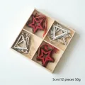 12-piece Christmas wooden pendant set with stars and trees in red and natural wood - Mini Heart Star Style (14)