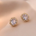 Elegant gold oval stud earrings with large clear zircon center and micro-pave crystals - Oval Clear Surround Style (E0595)