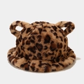 Winter plush bucket hat with leopard print and cute bear ears design on white background - M (56-58cm) / Leopard Print