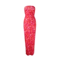 Detail view of pink and orange floral pattern on slim fit strapless tube maxi dress - S / Orange