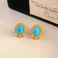 Macro shot of vintage gold flower earrings featuring turquoise stone and small pearls - Turquoise Stud Silver Earring Post (Real Gold Plated) - Gold Blue (37#)