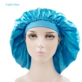 Light blue satin sleep cap for hair care with wide elastic band on a display head - Light Blue