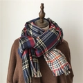 Thick plaid scarf in navy blue and deep red with hand-twisted fringe details - Double Sided Navy