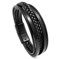 Men's minimalist multilayer braided black leather bracelet with magnetic metal clasp - Black Alloy Clasp + Black Leather