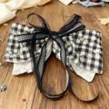Black and white checkered bow hair clip with lace layers and floral embroidery - Plaid Patchwork Spring Clip / Black and White Plaid