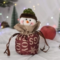 Close-up of a festive red Christmas drawstring gift bag featuring a plush snowman head - English Print Snowman Bag