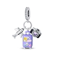 Silver travel charm with purple suitcase, airplane, and black camera pendants - Travel Vacation - Purple Luggage Pendant