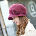 Women's deep purple winter knit hat with plush rabbit fur top and side flower detail - One Size / Purple (Mink Flower Style)