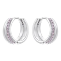 Close-up of silver-tone double loop earrings with pavé set pink zircon stones - Silver Pink Zirconia
