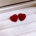 Close-up of deep red velvet heart earrings displayed in a beige jewelry box - 98# Red Flocked Heart