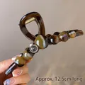 Dark brown amber hair claw clip with rhinestones and beads, 12.5cm large shark clip - Round Diamond Pearl