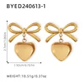 Gold stainless steel bow heart earrings with polished finish and dimensional measurements - Gold Bowknot Heart Pendant Earrings