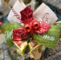 Mini beige and green burlap Christmas bow with gold bells and Merry Christmas ribbon - 5*4cm Linen Bow