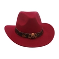 Dunkelroter Western-Cowboyhut aus Filz mit braunem Lederband und Totenkopf-Metall-Accessoire - Kinder [52-54cm] / Weinrot (Totenkopf)