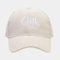 Detailed view of Gigi embroidery on cream corduroy texture of the fashion baseball cap - Adjustable / White