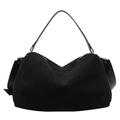 Minimalist black suede hobo bag with leather handles and gold-tone hardware - Black
