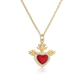 Collana Sacro Cuore dorata con smalto rosso e ali di zirconi su sfondo bianco - Cuore Sacro con Ali