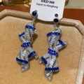 Vintage bow earrings with pearls and blue zircons on a beige velvet jewelry box - 57# Silver Blue Rhinestone Bow Pendant Studs