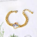 Gold chunky link bracelet with transparent clover and blue devil eye charm - Clover & Evil Eye