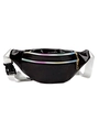 Glossy black waist bag featuring vibrant rainbow zippers and adjustable white strap - Black (Rainbow Zipper)
