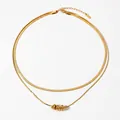 Double-layered gold stainless steel necklace featuring snake chain and four rings pendant - Gold Necklace (KD1587)