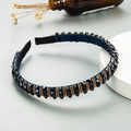 Baroque navy blue headband with faceted rhinestones and golden micro beads decor - Navy Blue and Gold
