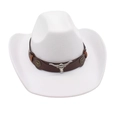 White Western cowboy hat with leather band and silver bull head emblem decoration - One Size (57cm) / White