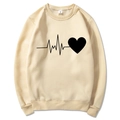 Felpa beige a girocollo con stampa cuore nero e linea di battito cardiaco - S / Elettrocardiogramma Cuore / Cachi